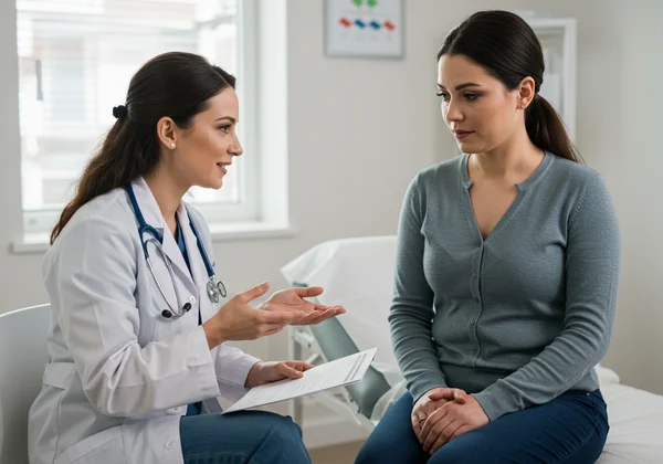Doctor and patient discuss EPDS results in a caring setting.