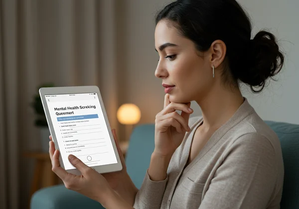 Woman engaging with an online mental health screening tool