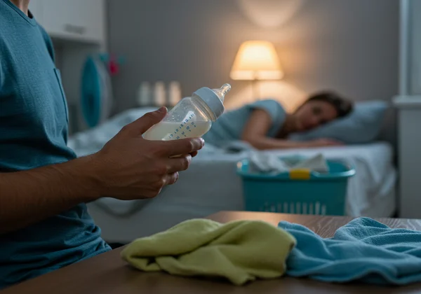 Partner helping with baby and chores to support new mother
