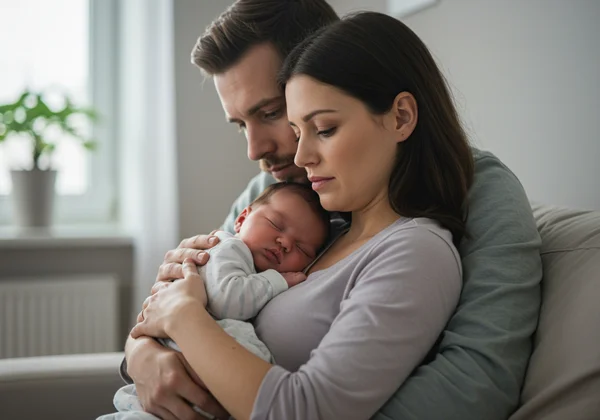 Partner comforting a new mother struggling with perinatal depression