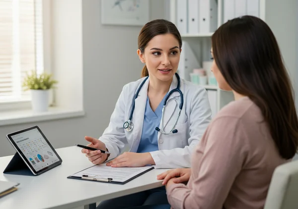 Doktor berunding dengan ibu mengenai skor EPDS, alat saringan