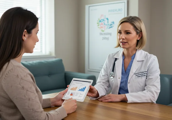 مريضة تناقش تقرير الذكاء الاصطناعي مع مقدم رعاية صحية.