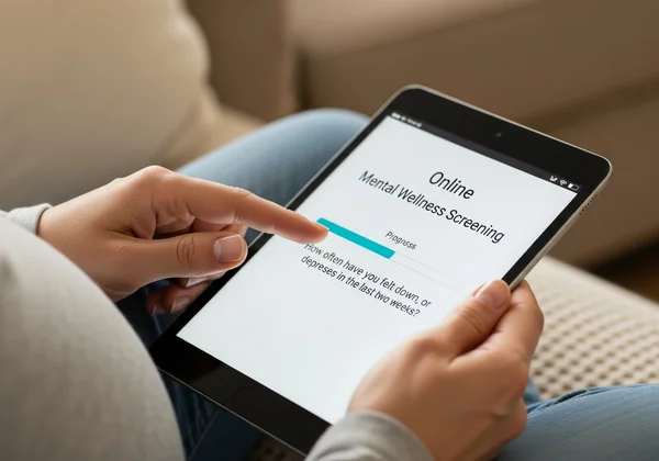 Hand interacting with an online mental wellness screening tool.
