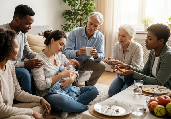 Diverse group supporting a new mother with baby.