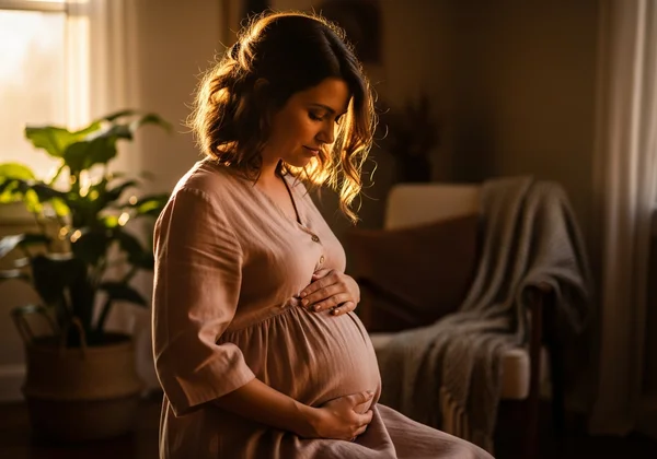 Pregnant woman nurturing her mental health with calm expression.