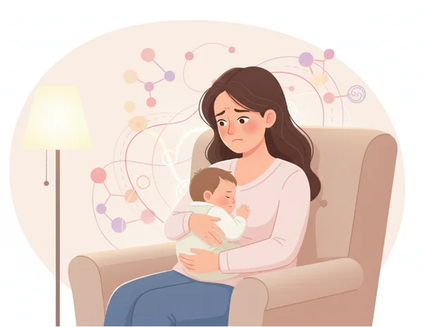 New mother with mixed emotions, hormonal shifts